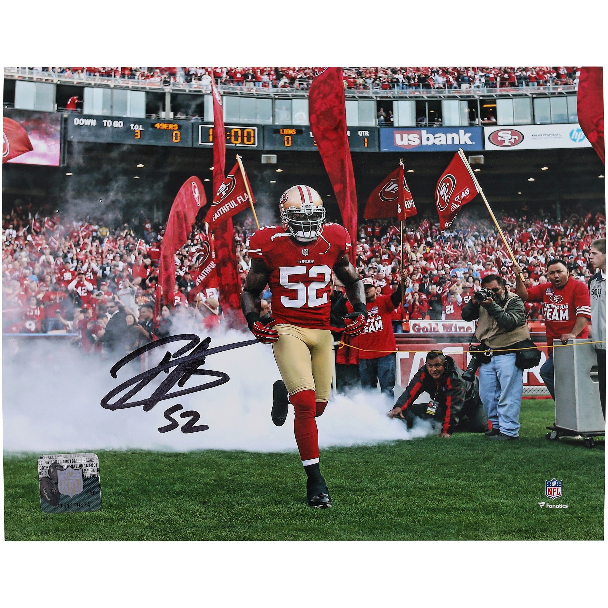 Patrick Willis San Francisco 49ers Autographed Fanatics Authentic 8" x 10" Running Out of Tunnel with Smoke Photograph