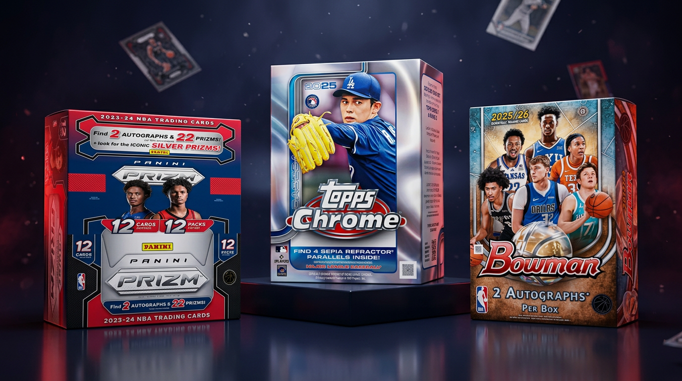 Panini Prizm, Topps Chrome and Bowman trading card boxes