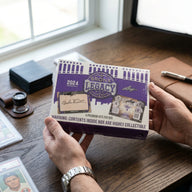 Collector hands displaying 2024 Leaf A Bronx Legacy Baseball Series 2 Hobby Trading Cards on a premium card-shop desk.