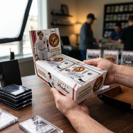 Collector hands displaying 2024 Topps Pristine Baseball Hobby Trading Cards on a premium card-shop desk.