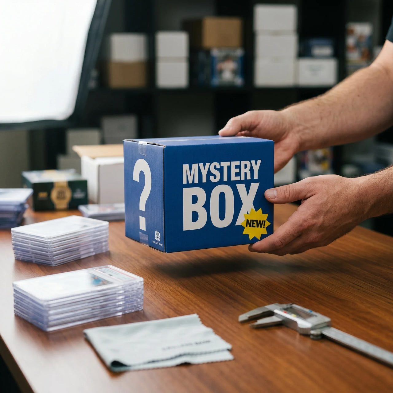 Collector hands displaying 2025 Ballers Bank Multi-Sport Superstar Mystery Pack - Series 4 on a premium card-shop desk.