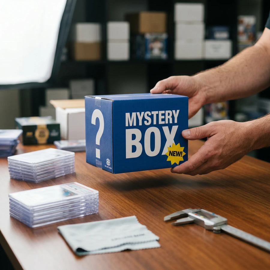 Collector hands displaying 2025 Ballers Bank Multi-Sport Superstar Mystery Pack - Series 4 on a premium card-shop desk.