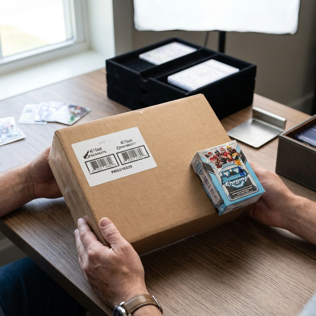 Collector hands displaying 2025 Bowman University Chrome Football Blaster 40 Box Case (Ships Sealed Only) on a premium card-shop desk.