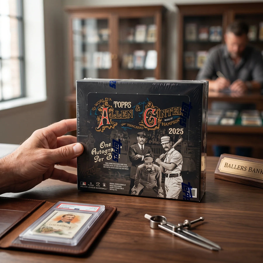 Collector hands displaying 2025 Topps Allen Ginter X Baseball Hobby Case 12 Boxes (Ships Sealed Only) on a premium card-shop desk.