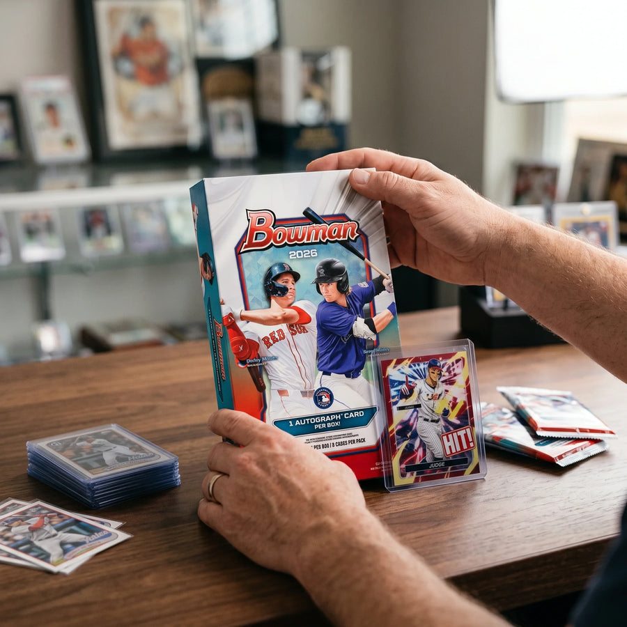 Collector hands displaying RIP TIL YOU HIT | 2026 Bowman Baseball Hobby | $199.95 | 1st Bowman Chase LV on a premium card-shop desk.