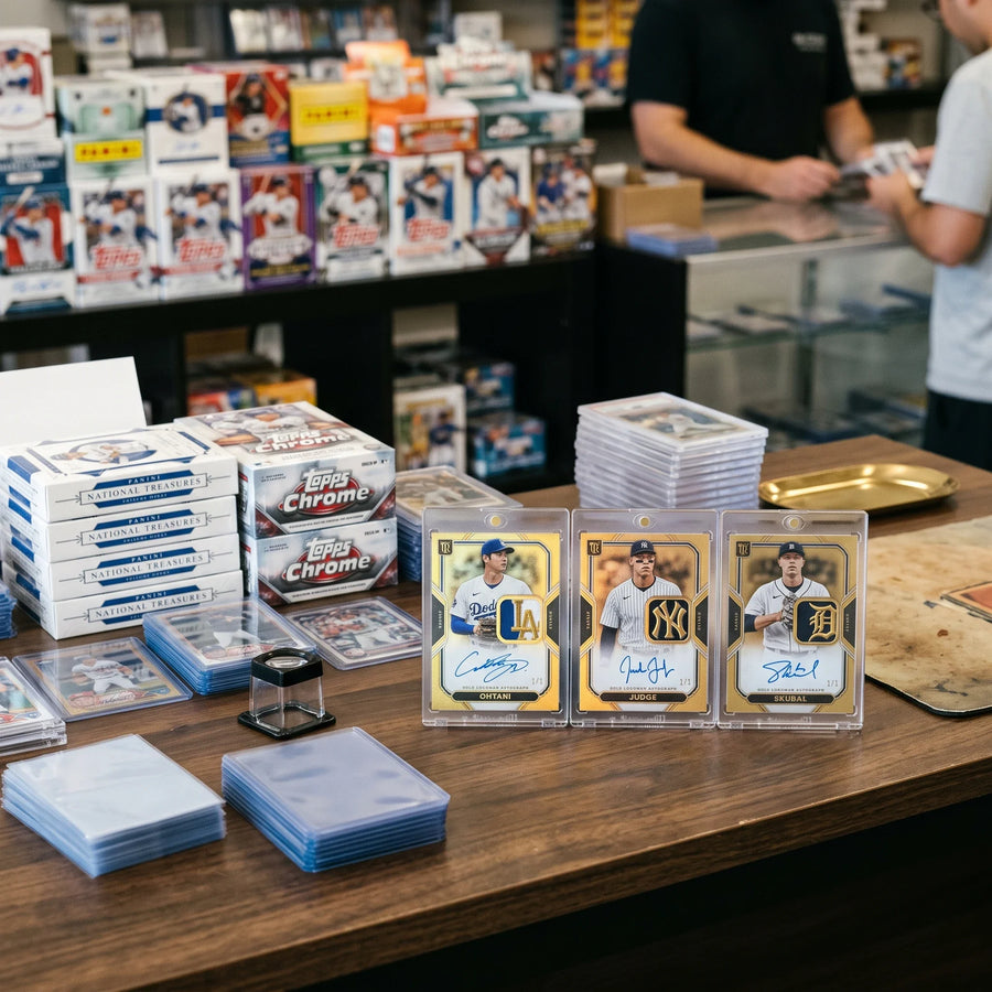 Editorial thumbnail for 1/1 Shohei Ohtani, Aaron Judge, Tarik Skubal Gold Logoman Auto cards.