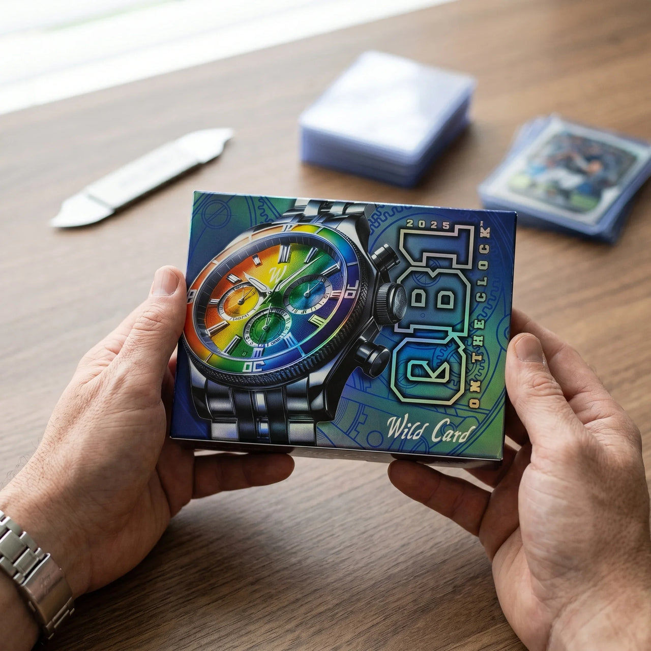 Collector hands displaying 2025 Wild Card QB1 On the Clock Hobby Trading Cards on a premium card-shop desk.