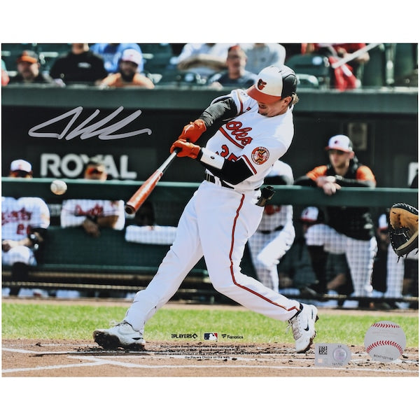 Adley Rutschman Baltimore Orioles Autographed Fanatics Authentic 8" x 10" White Jersey Hitting Photograph
