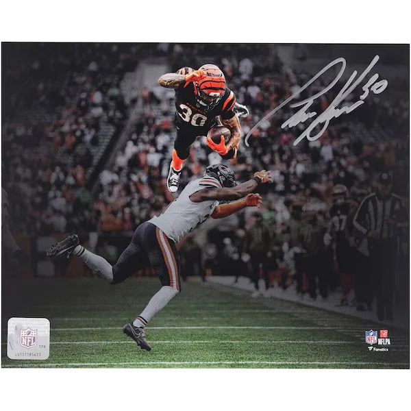 Chase Brown Cincinnati Bengals Autographed Fanatics Authentic "8 x 10" Hurdle Spotlight Photograph