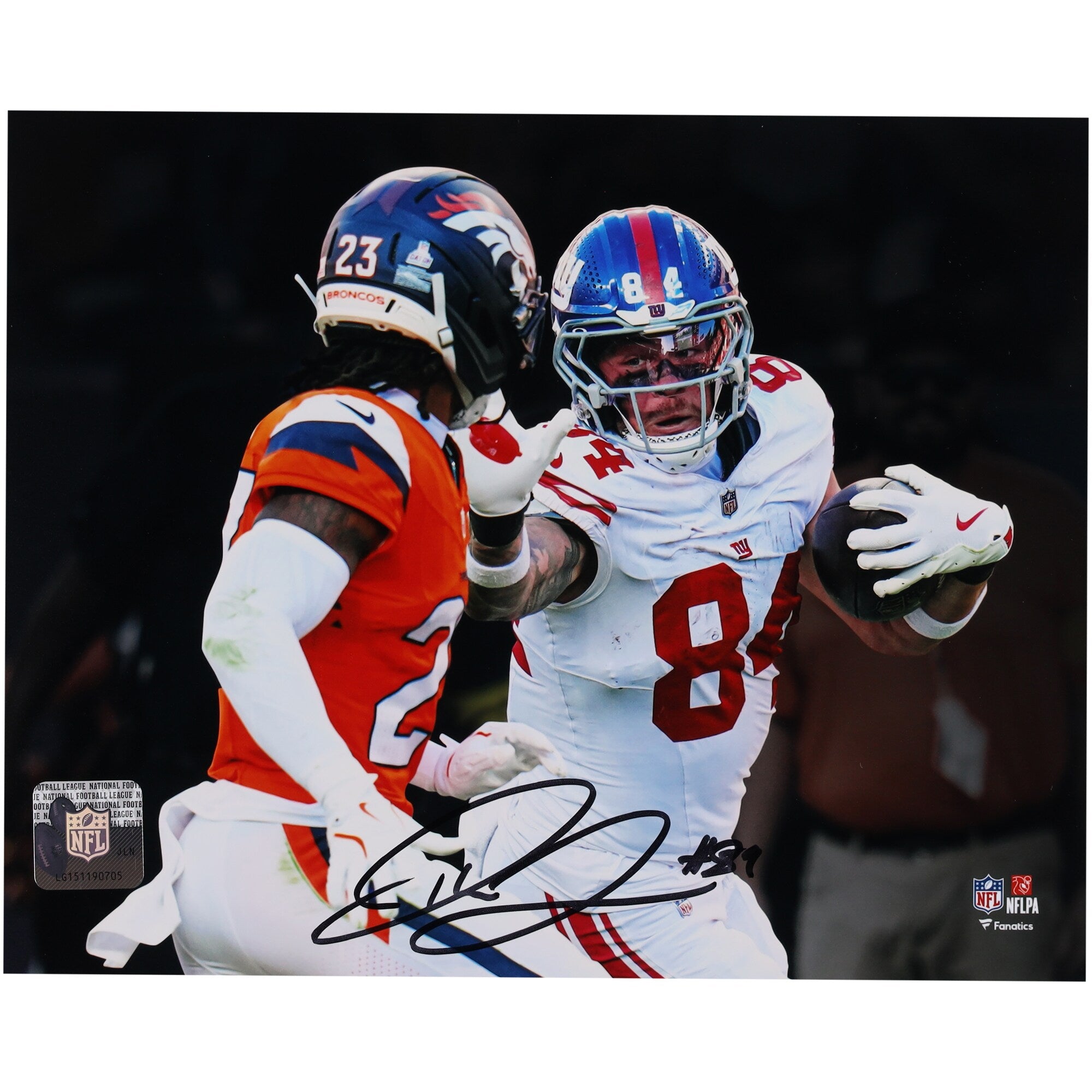 Theo Johnson New York Giants Autographed Fanatics Authentic 8" x 10" Stiff Arm Spotlight Photograph