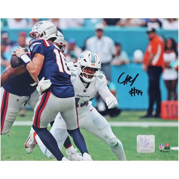 Chop Robinson Miami Dolphins Autographed Fanatics Authentic 8" x 10" Sacking Drake Maye Photograph