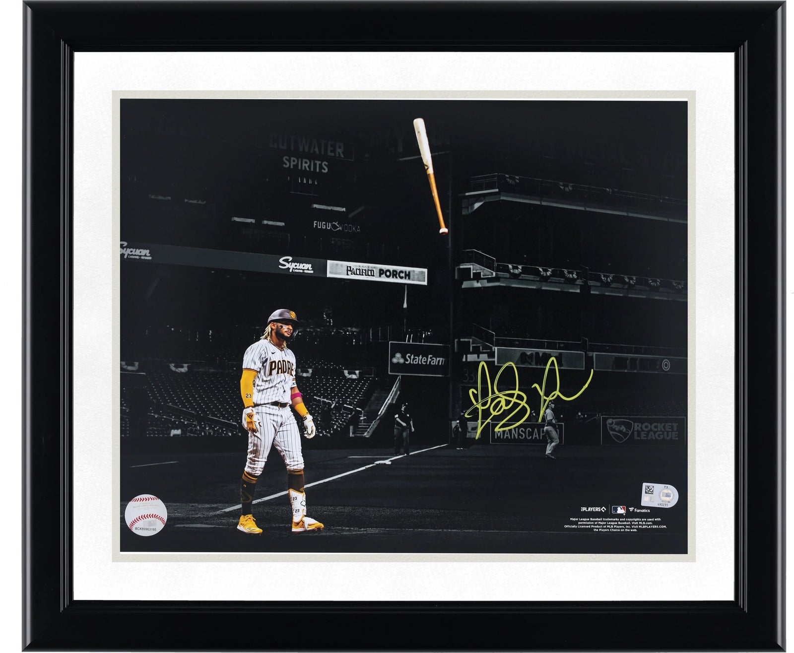 Fernando Tatis Jr Signed 11 x 14 Bat Flip Photo | Yellow Ink