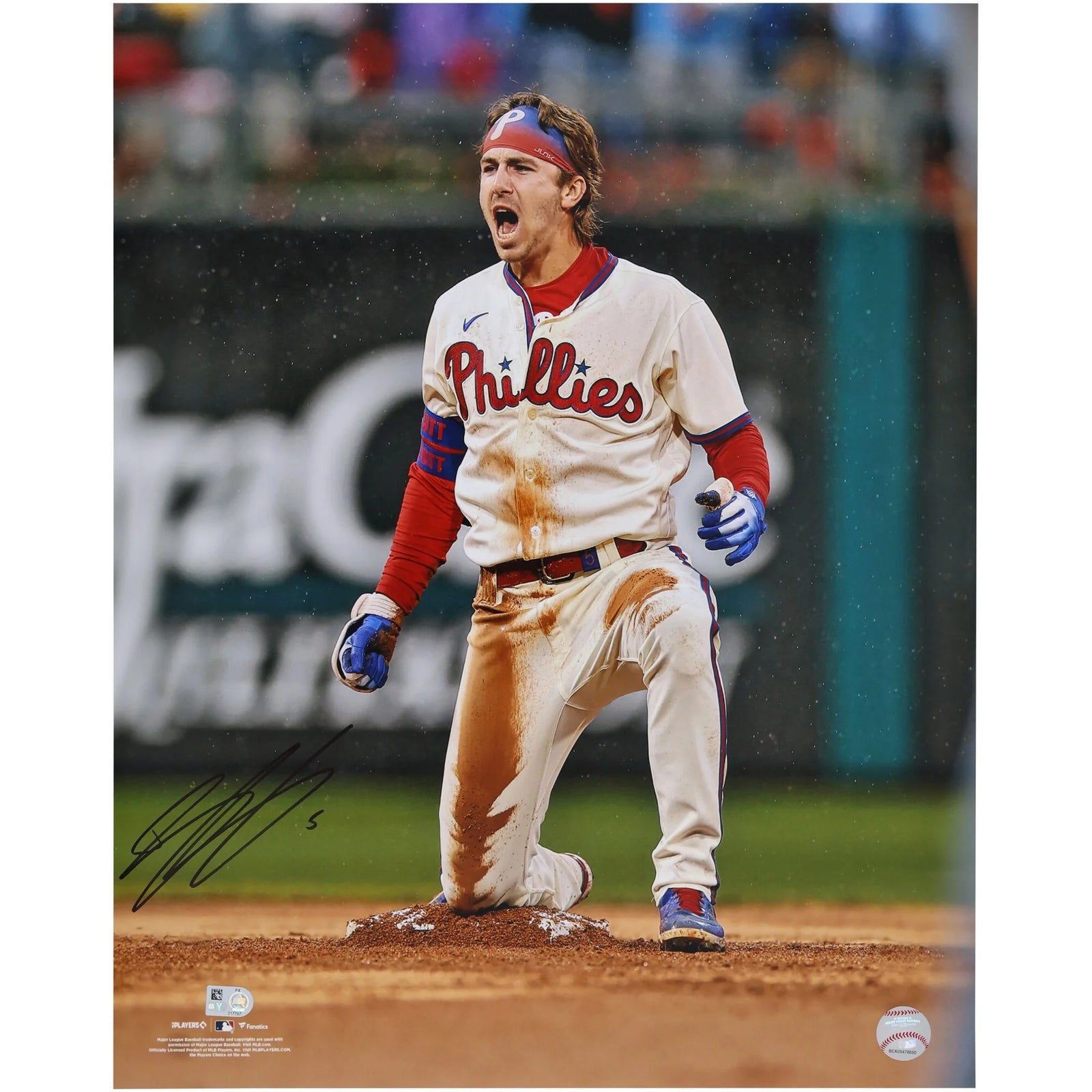 Bryson Stott Philadelphia Phillies Autographed Fanatics Authentic 16" x 20" Stolen Base Celebration Photograph