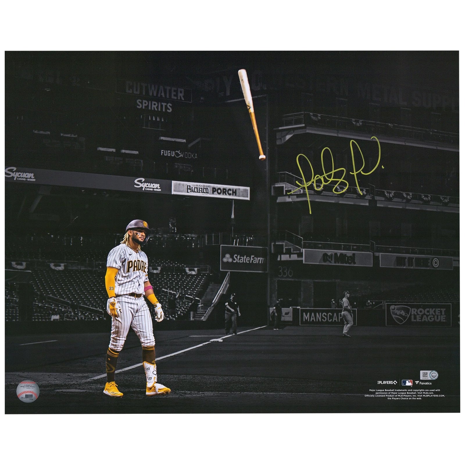Fernando Tatis Jr. Signed 16 x 20 Bat Flip Spotlight Photograph | Authenticated