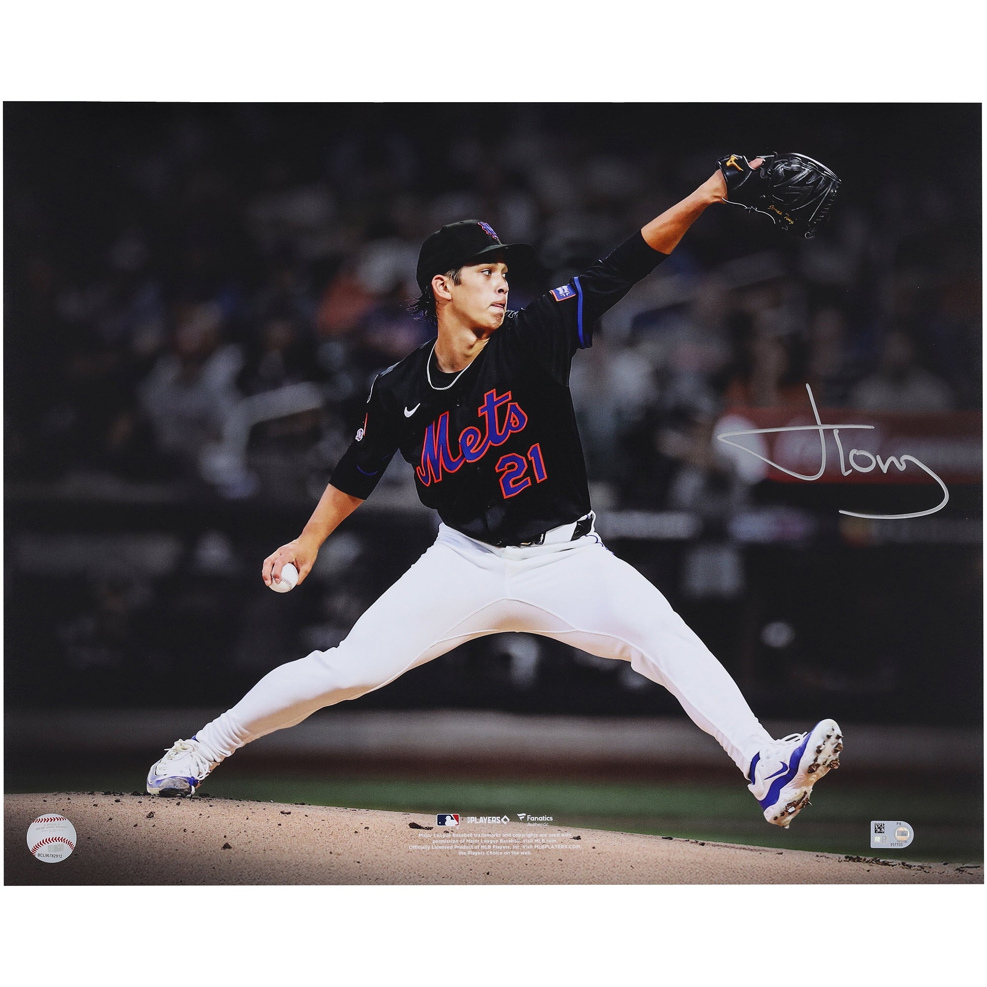 Jonah Tong New York Mets Autographed Fanatics Authentic 16" x 20" Pitching in Debut Spotlight Photograph
