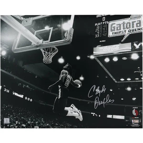 Clyde Drexler Portland Trail Blazers Autographed Fanatics Authentic 16" x 20" Black & White Dunk Photograph
