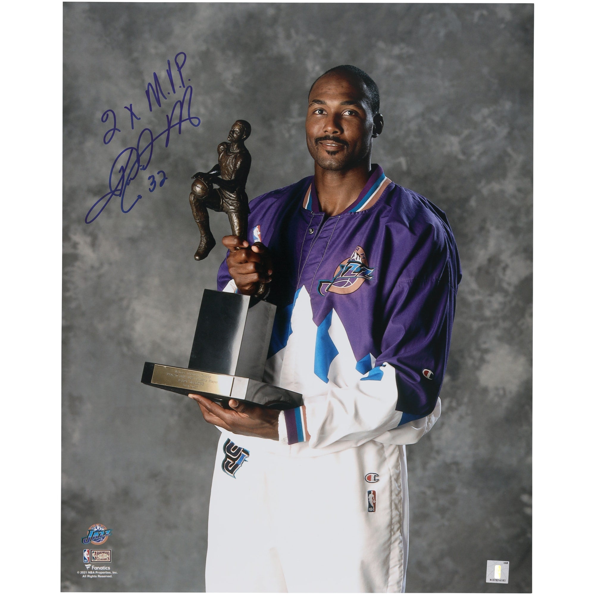 Karl Malone Utah Jazz Autographed Fanatics Authentic 16" x 20" Holding MVP Trophy Photograph with "2X M.V.P." Inscription