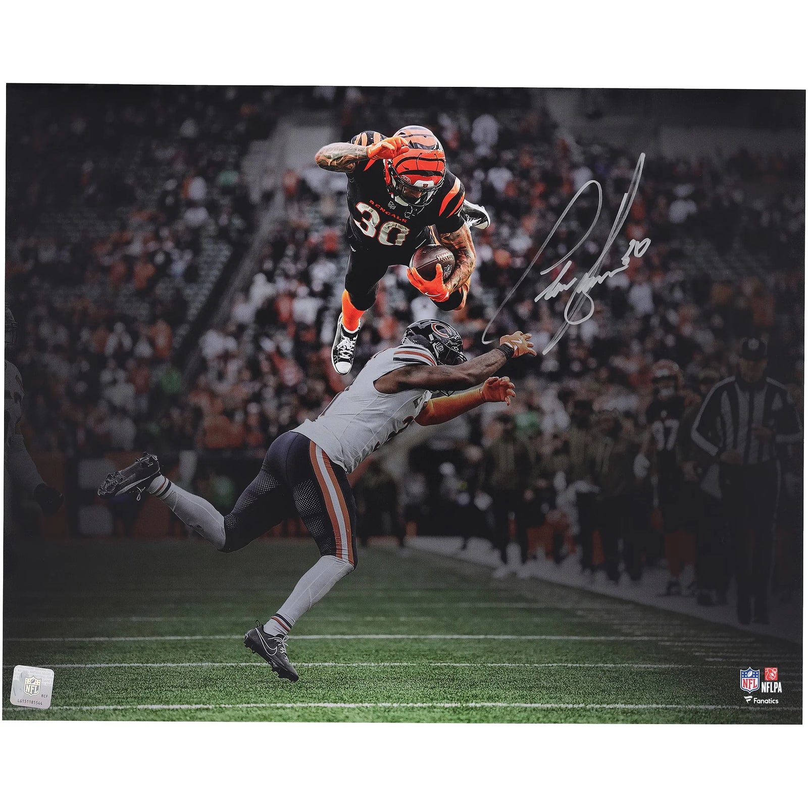 Chase Brown Cincinnati Bengals Autographed Fanatics Authentic "16 x 20" Hurdle Spotlight Photograph