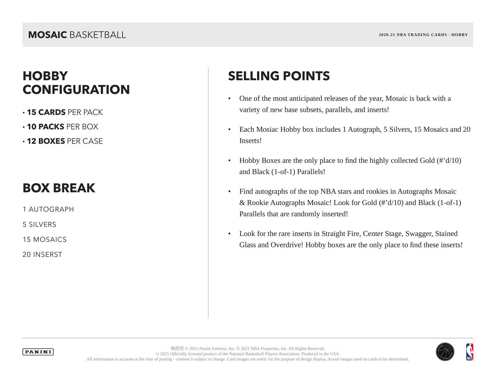 2020-21 Panini Mosaic Basketball Hobby Trading Cards