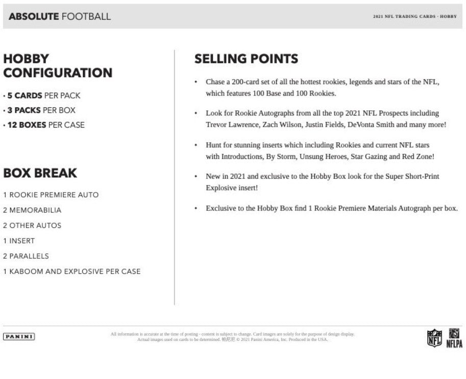 2021 Panini Absolute Football Hobby Trading Cards
