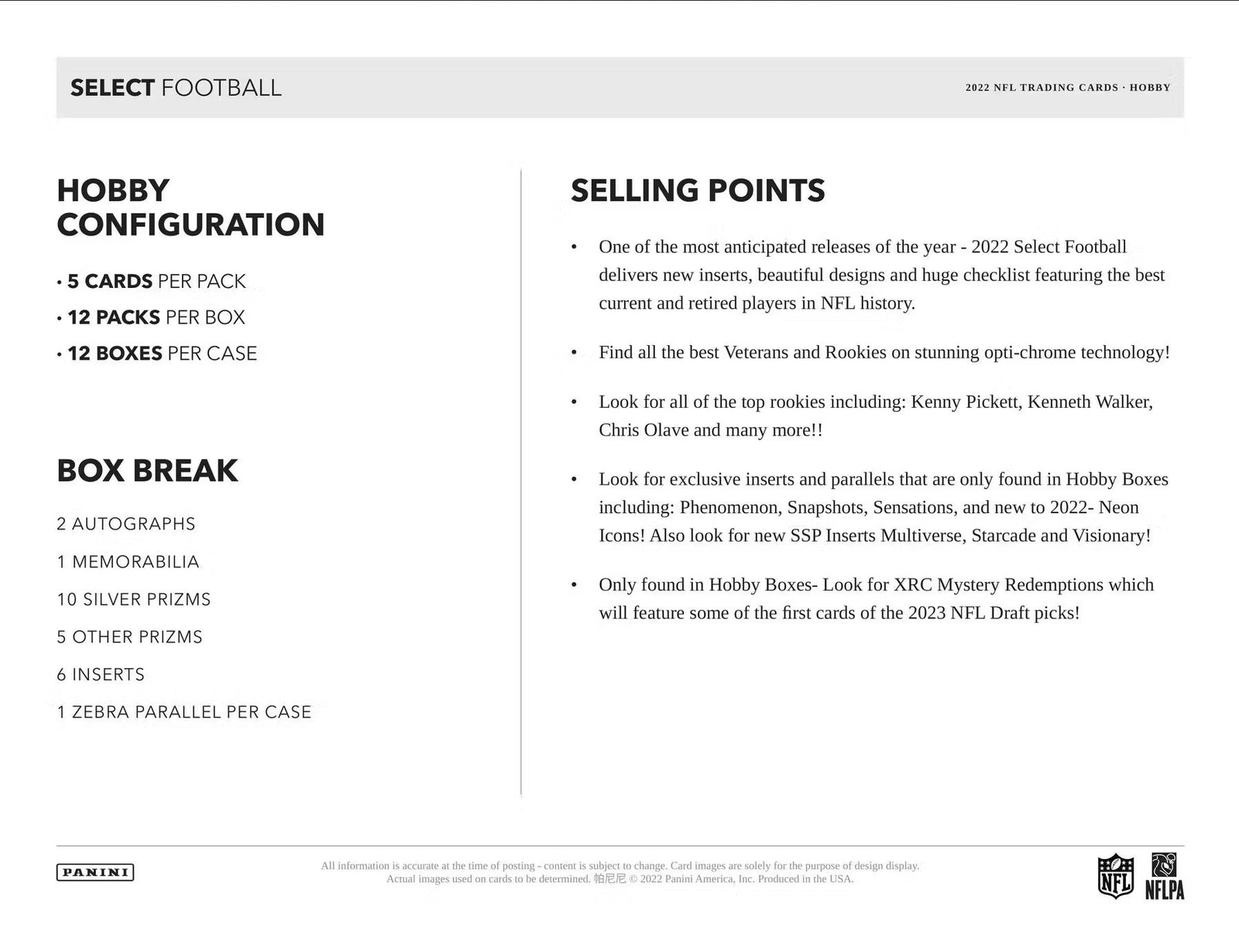 2022 Panini Select Football Hobby Trading Cards