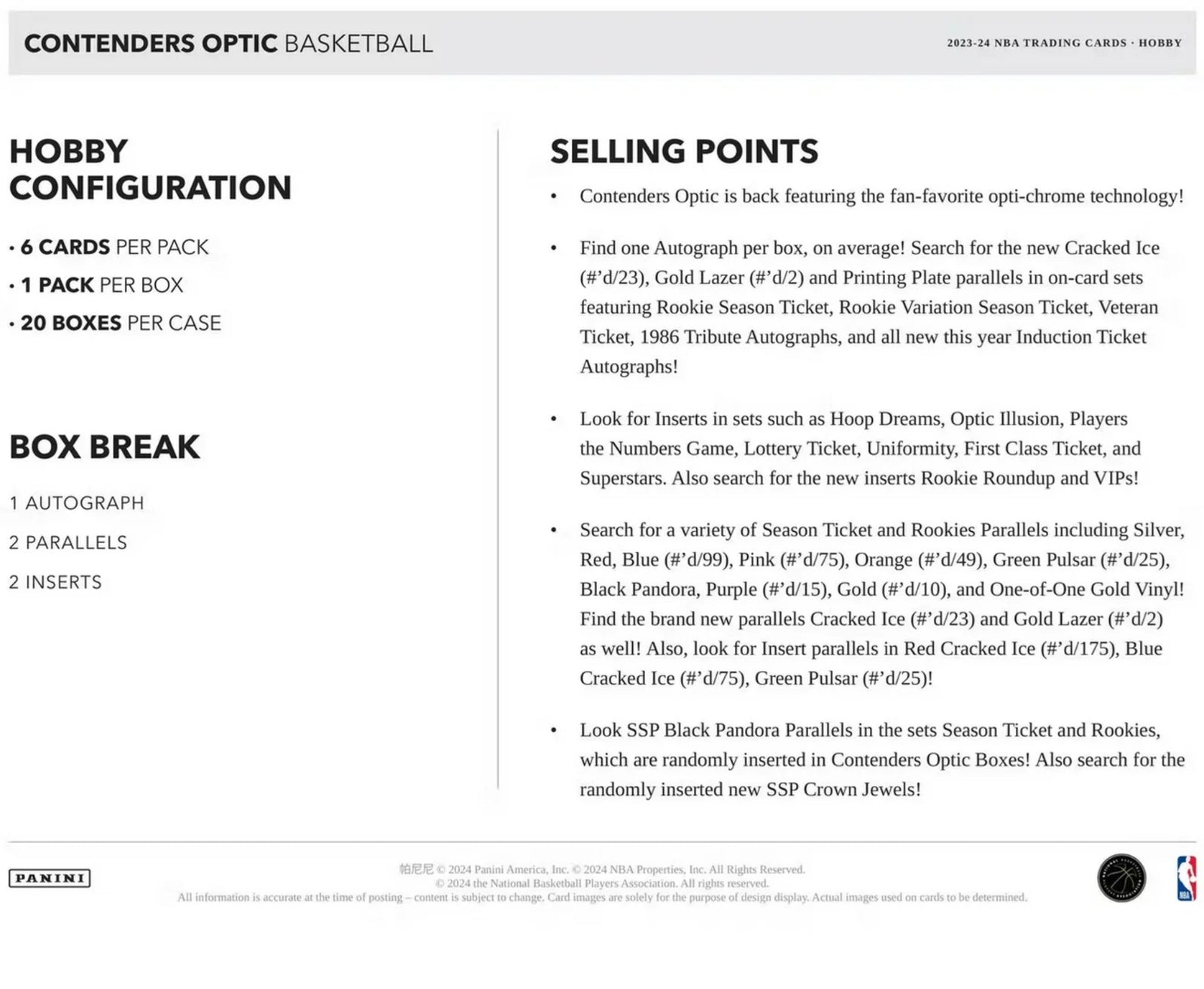 2023-24 Panini Contenders Optic Basketball Hobby Trading Cards