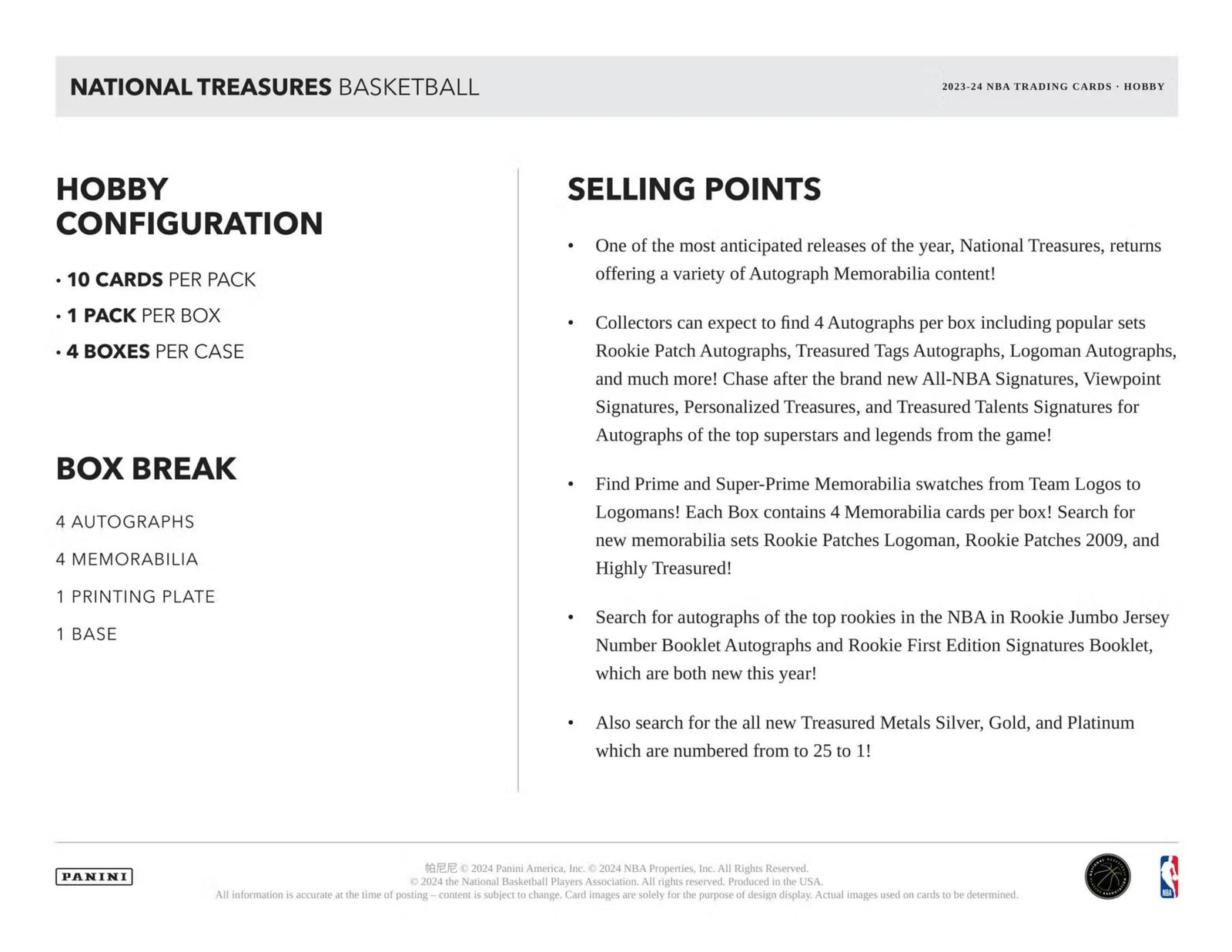 2023-24 Panini National Treasures Basketball Hobby Trading Cards