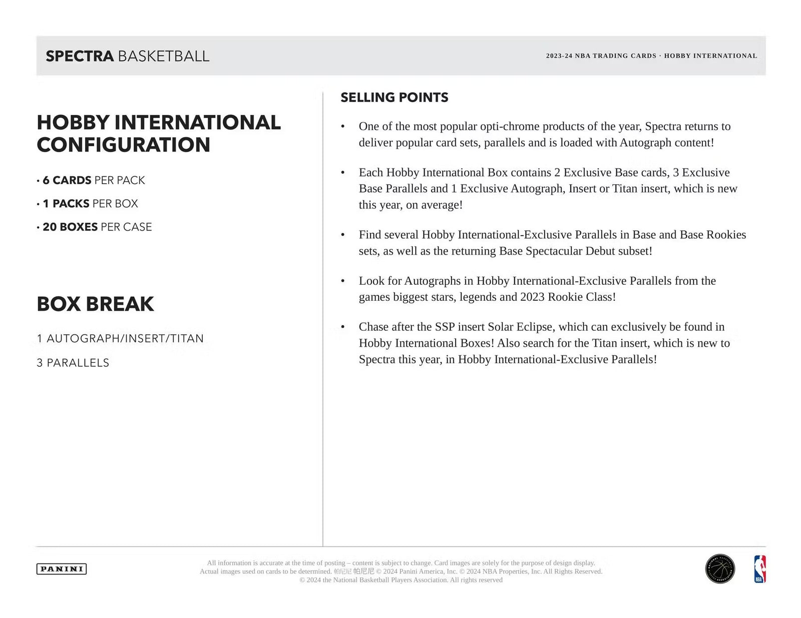 2023-24 Panini Spectra Basketball International Hobby Trading Cards