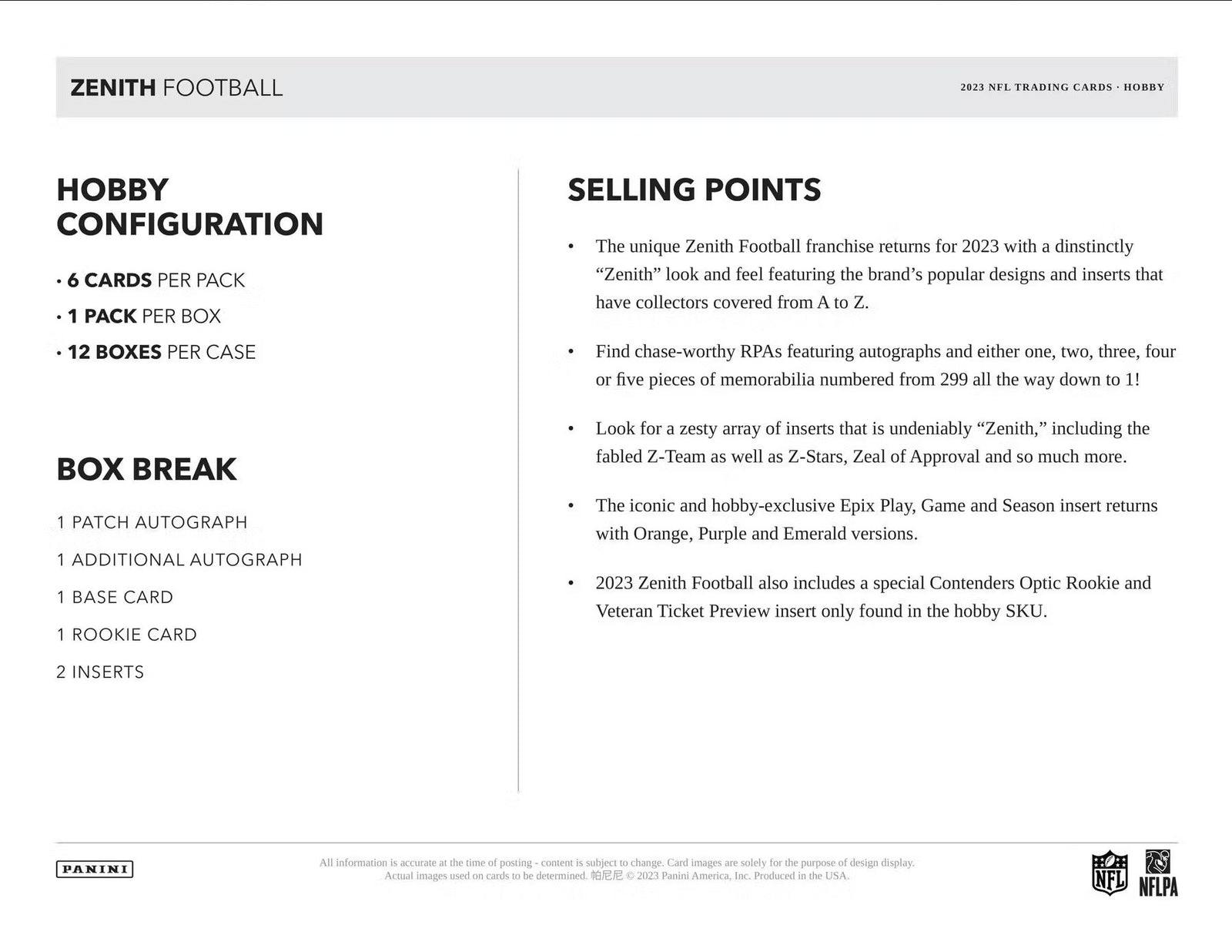 2023 Panini Zenith Football FOTL Trading Cards