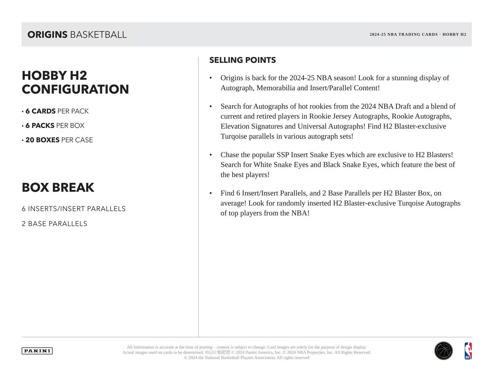 2024-25 Panini Origins Basketball H2 Trading Cards