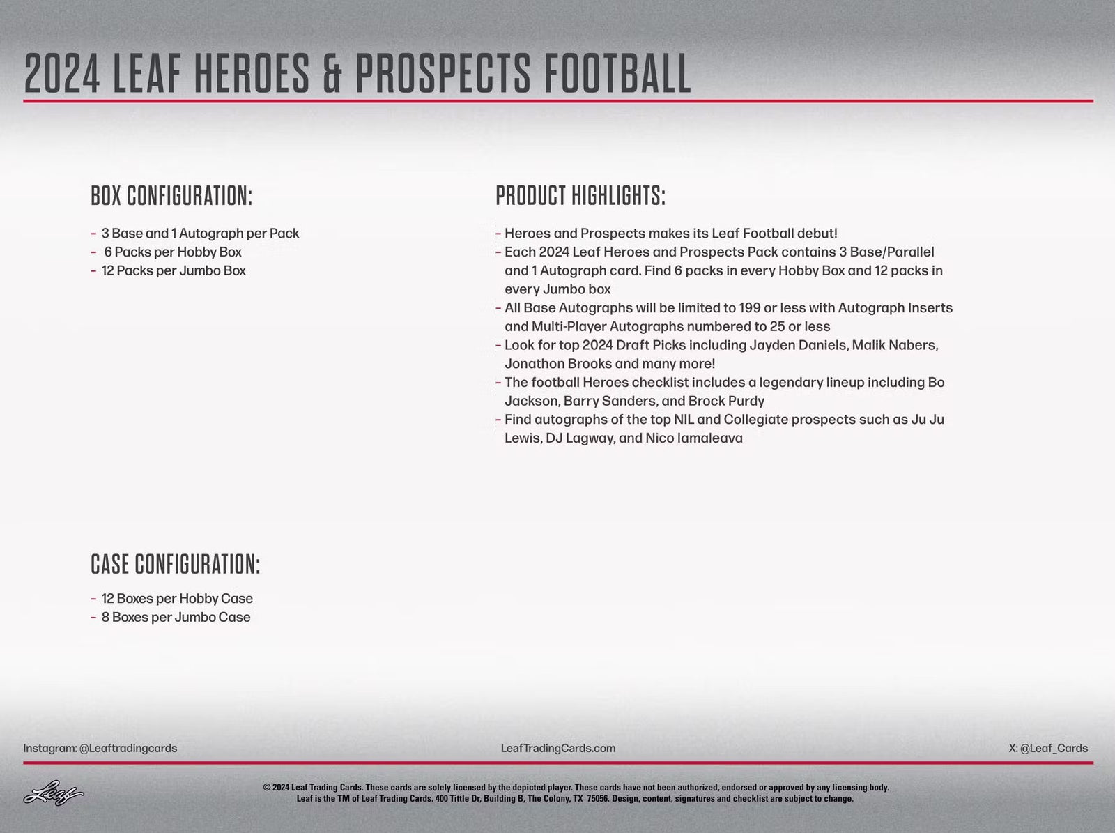 2024 Leaf Heroes and Prospects Football Jumbo Trading Cards