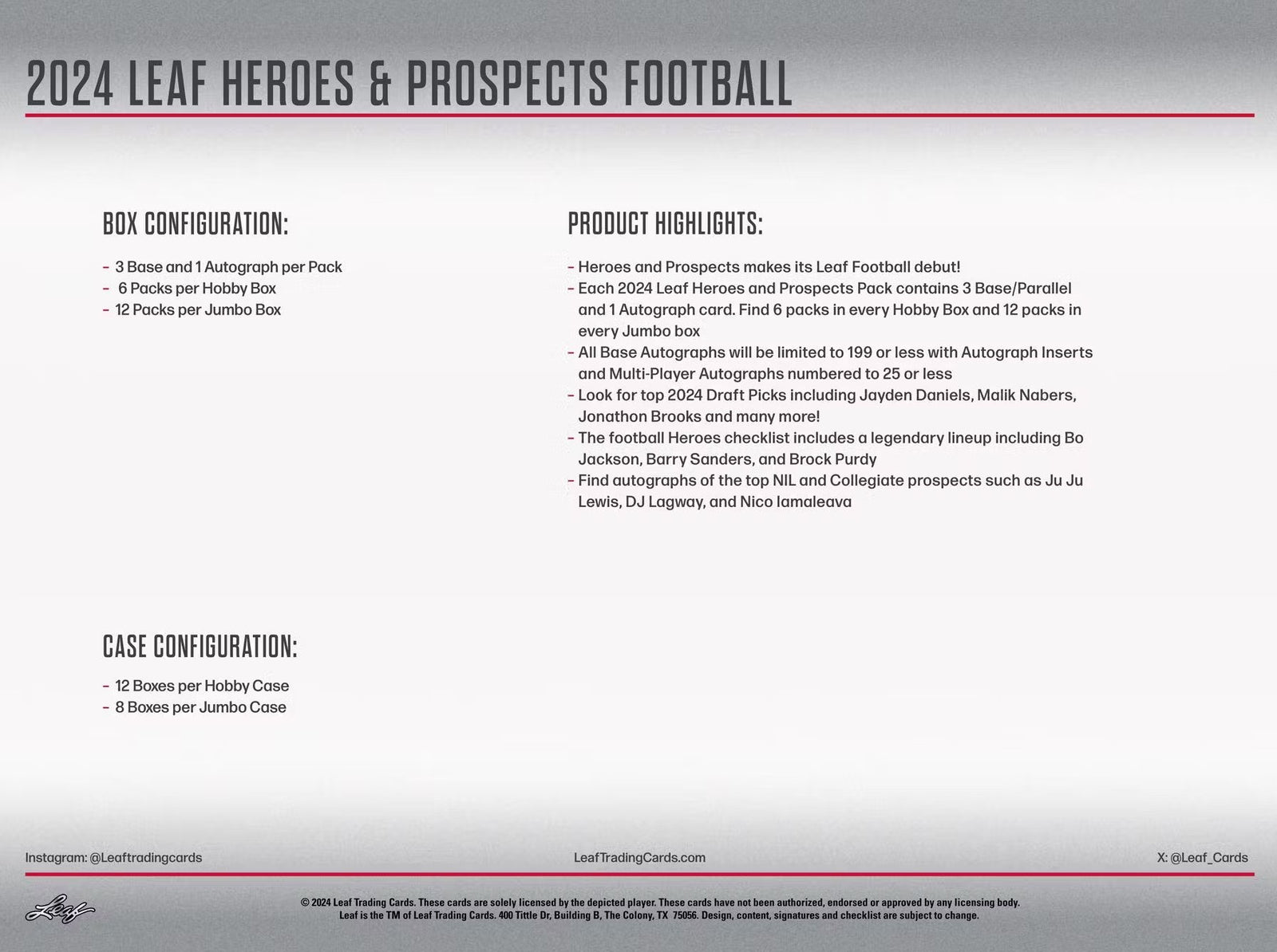2024 Leaf Heroes and Prospects Football Hobby Trading Cards