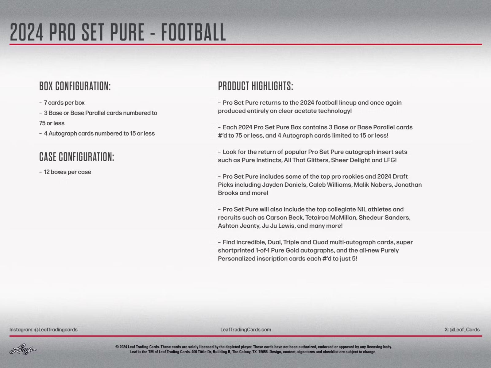 2024 Leaf Pro Set Pure Football Hobby Trading Cards