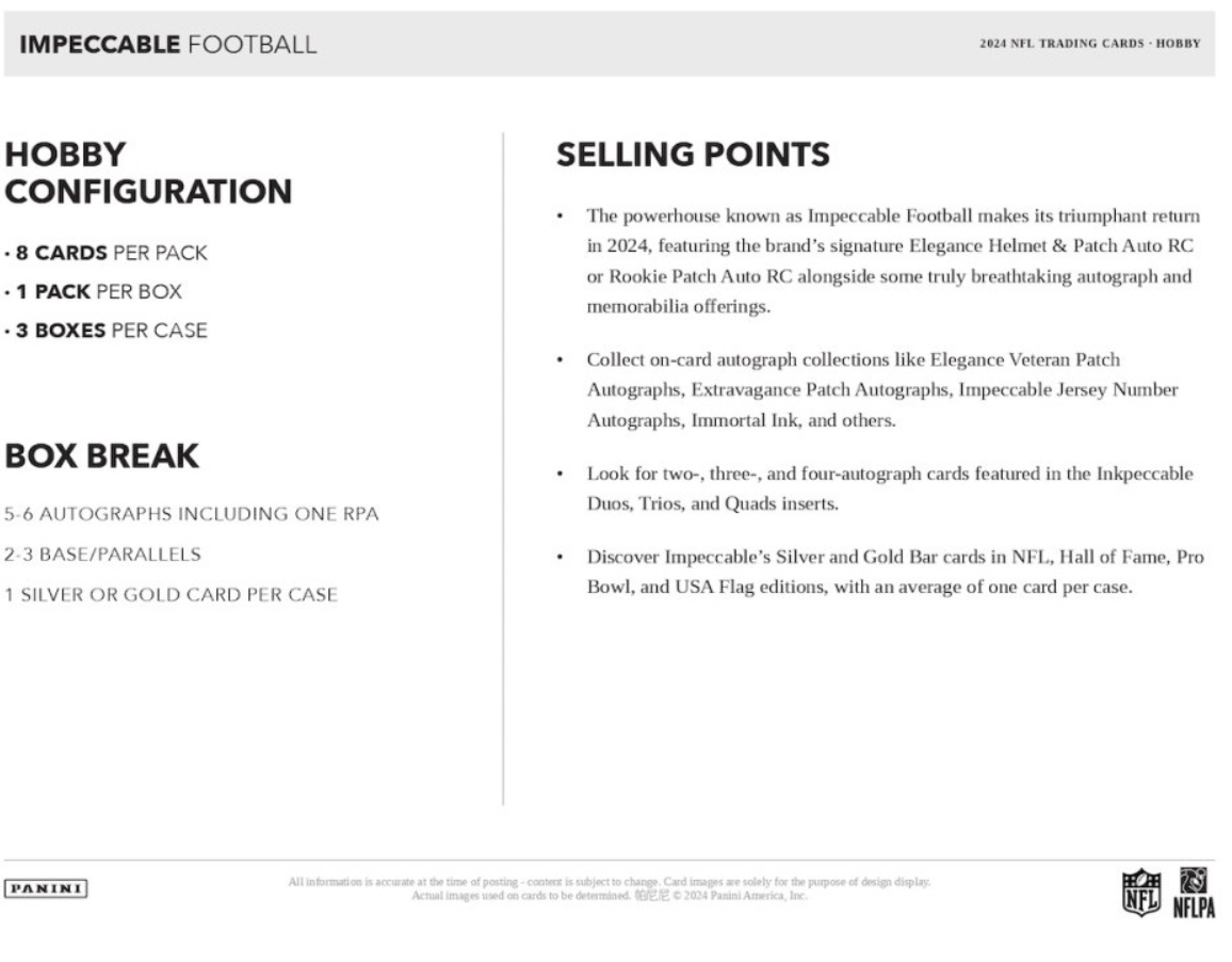 2024 Panini Impeccable Football Hobby Trading Cards