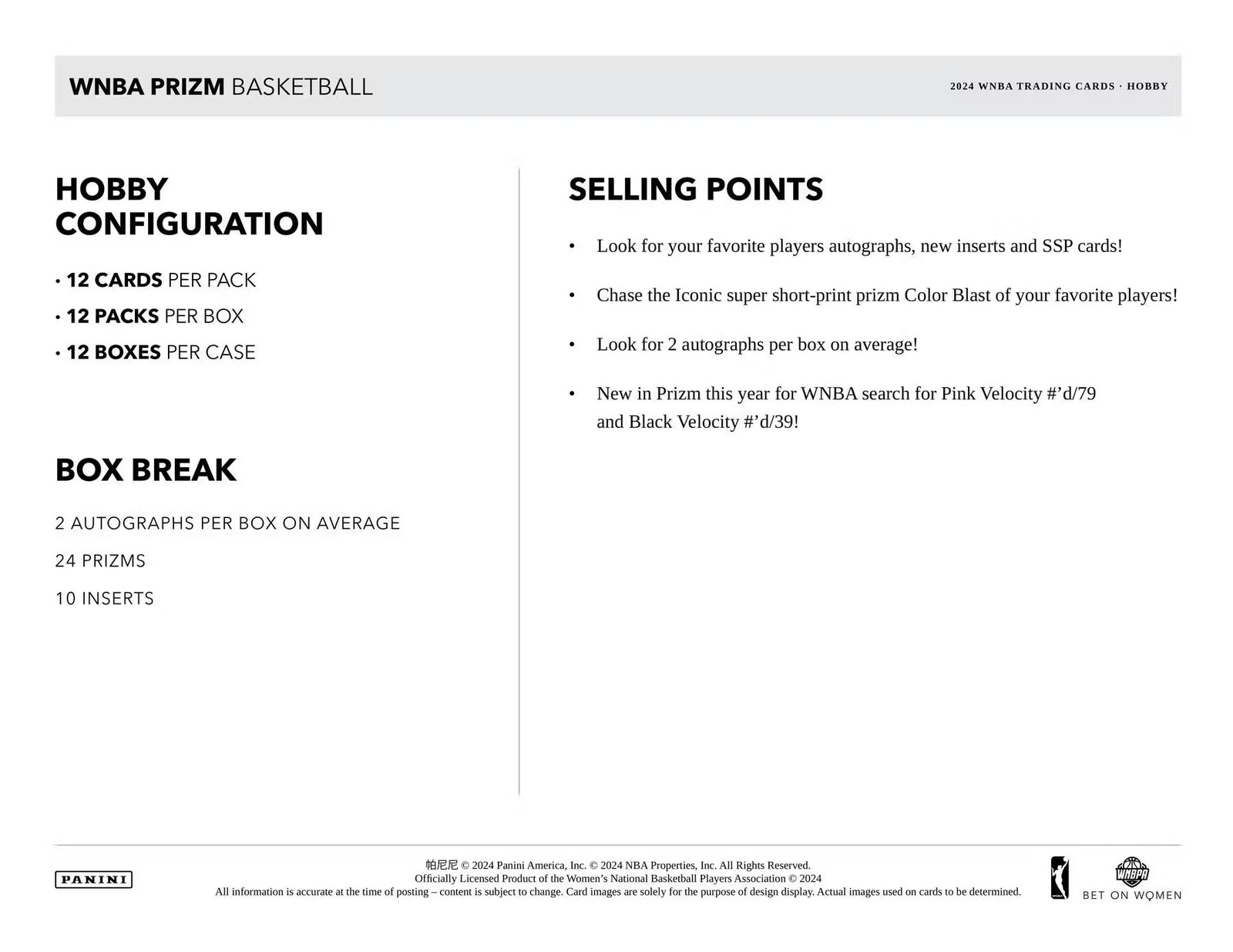 2024 Panini Prizm WNBA Hobby Trading Cards