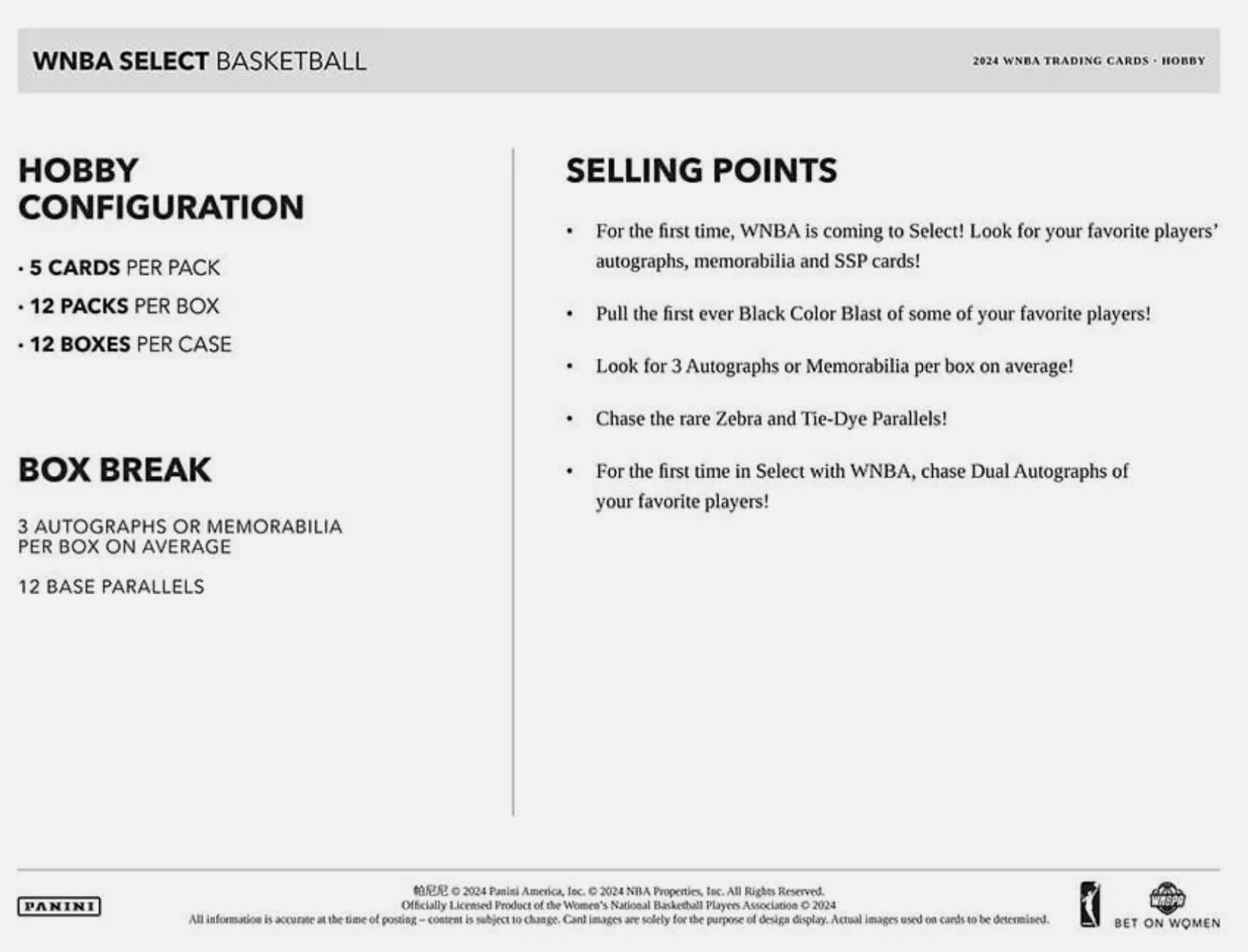 2024 Panini Select WNBA Hobby Trading Cards