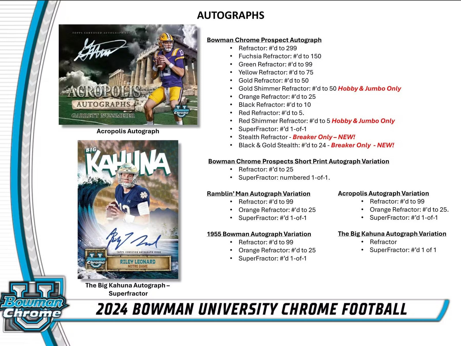 2024 Topps Bowman Chrome University Football Breakers Delight Trading Cards