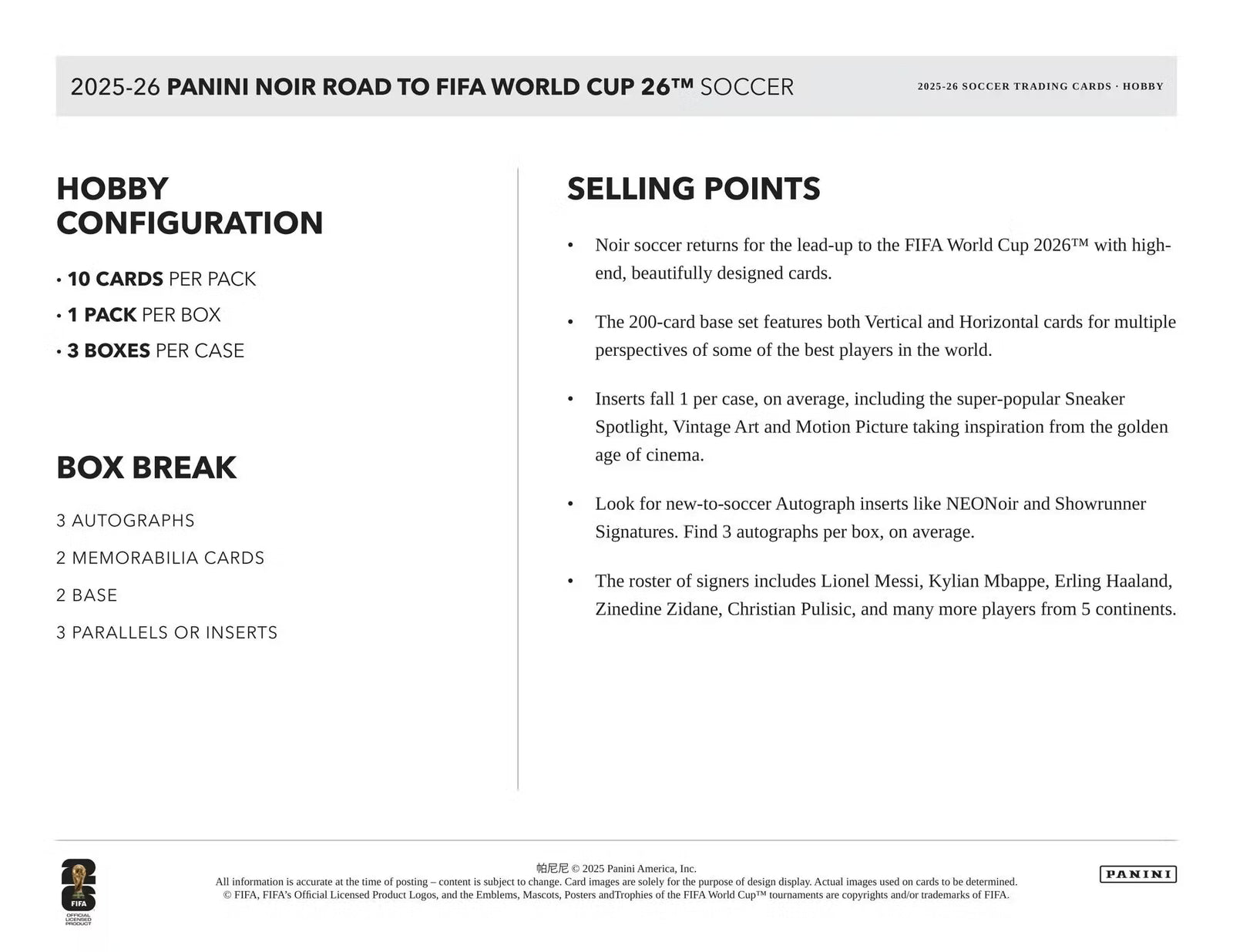 2025-26 Panini Noir Soccer Road to FIFA World Cup Hobby Trading Cards LV