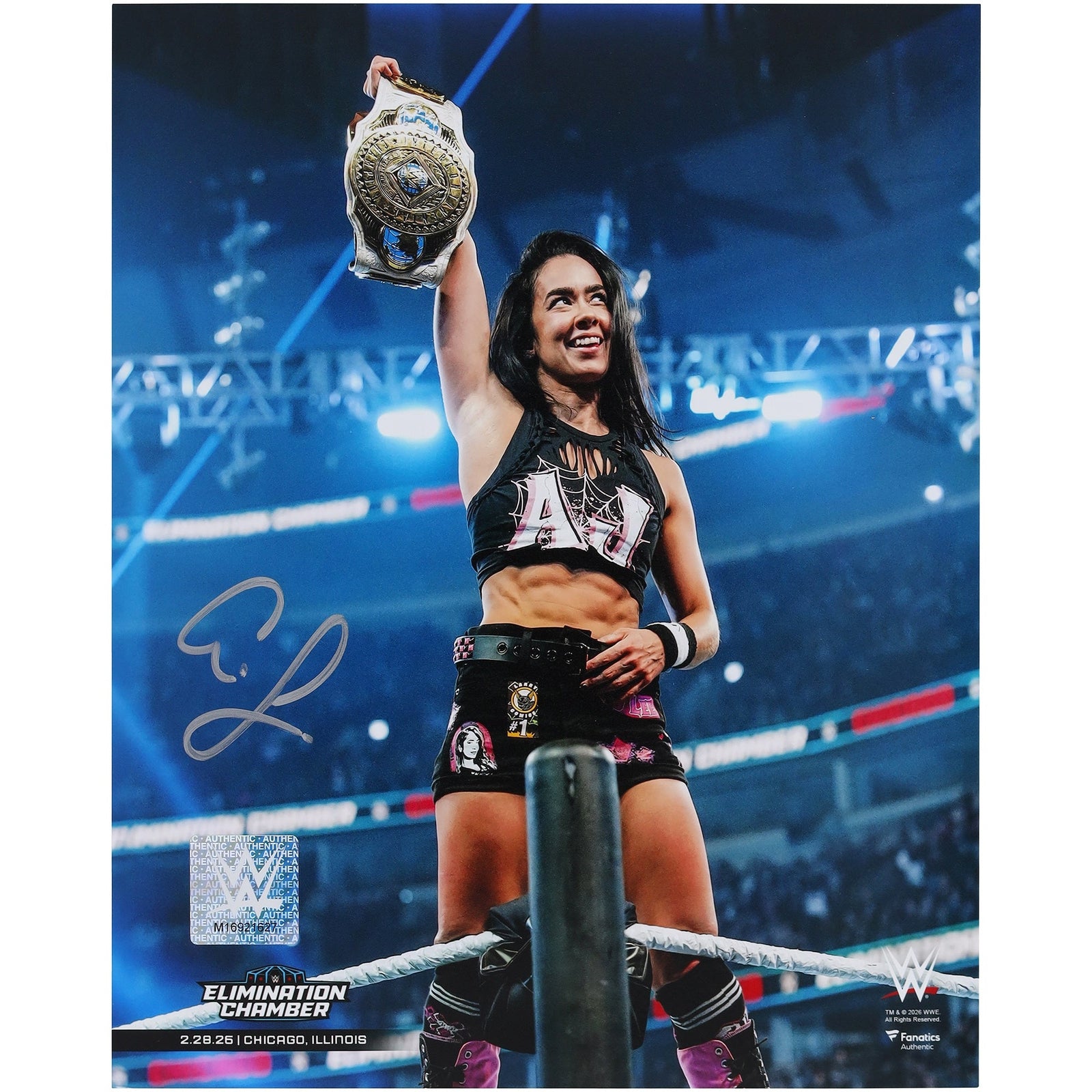 AJ Lee WWE Autographed Fanatics Authentic 8" x 10" Raising Women's Intercontinental Championship Photograph - The Ballers Bank