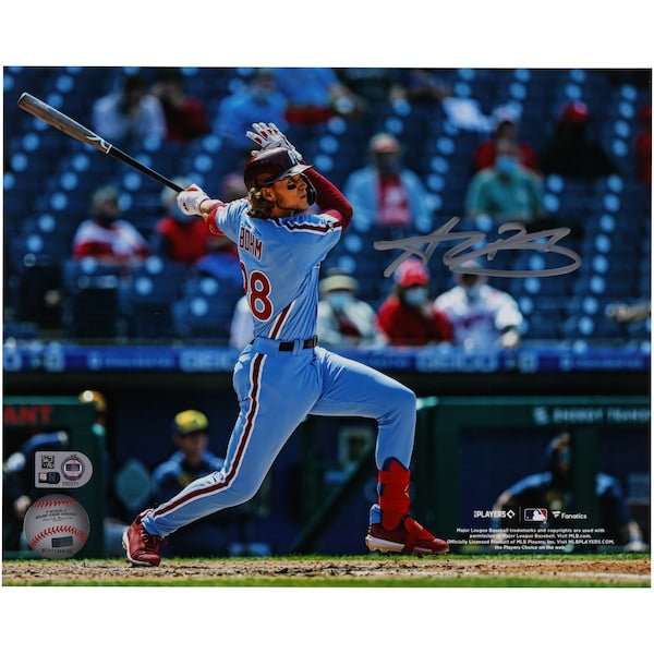 Alec Bohm Philadelphia Phillies Autographed Fanatics Authentic 8" x 10" Swinging Bat Light Blue Jersey - The Ballers Bank