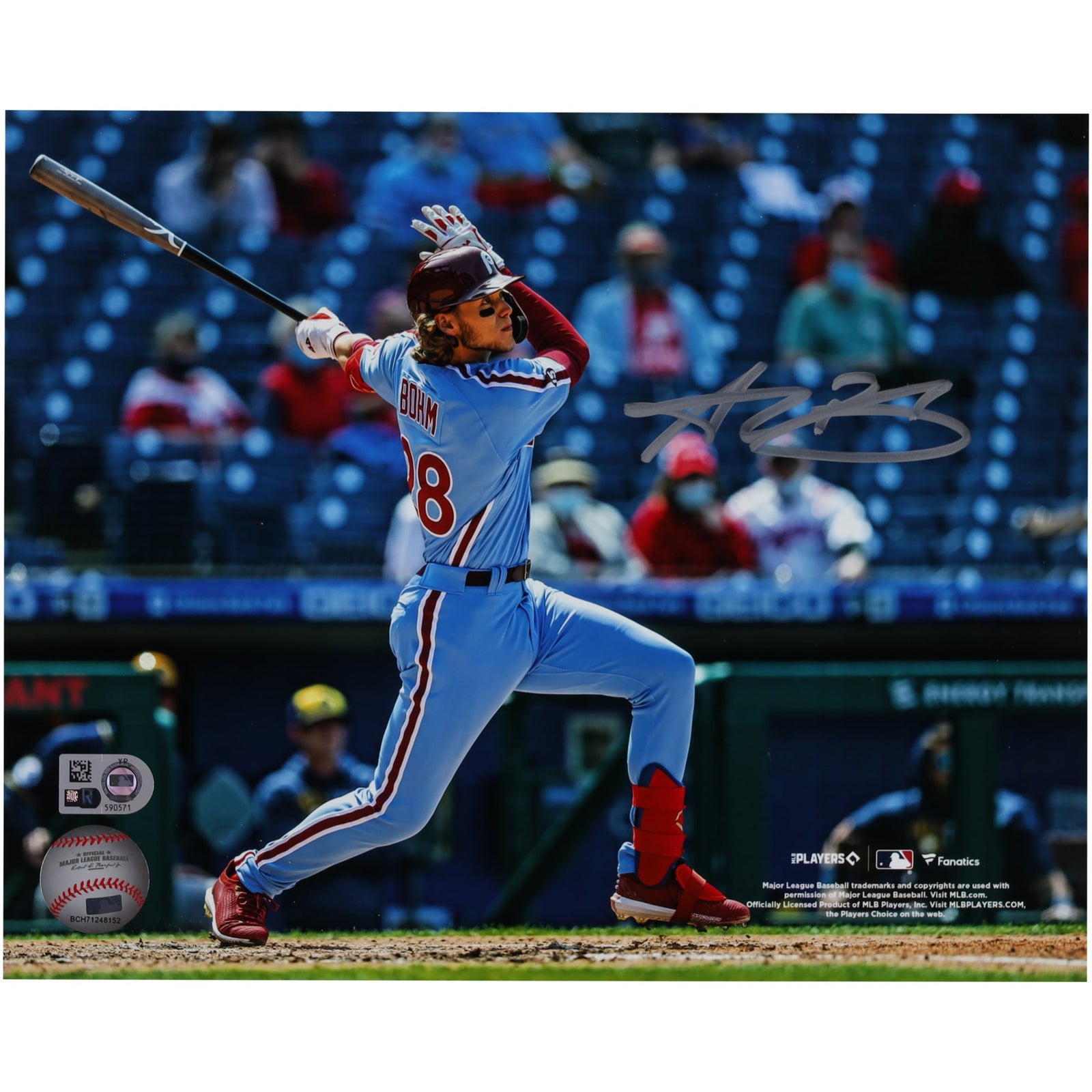 Alec Bohm Philadelphia Phillies Autographed Fanatics Authentic 8" x 10" Swinging Bat Light Blue Jersey - The Ballers Bank