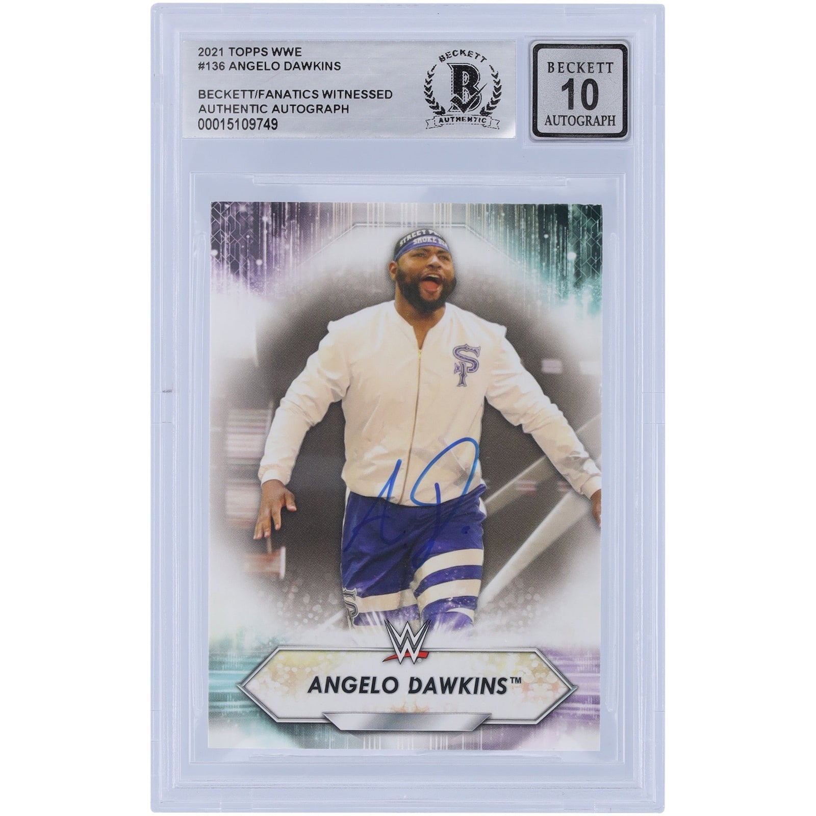 Angelo Dawkins WWE Autographed 2021 Topps 136 Beckett Fanatics Witnessed Authenticated 10 Card - The Ballers Bank