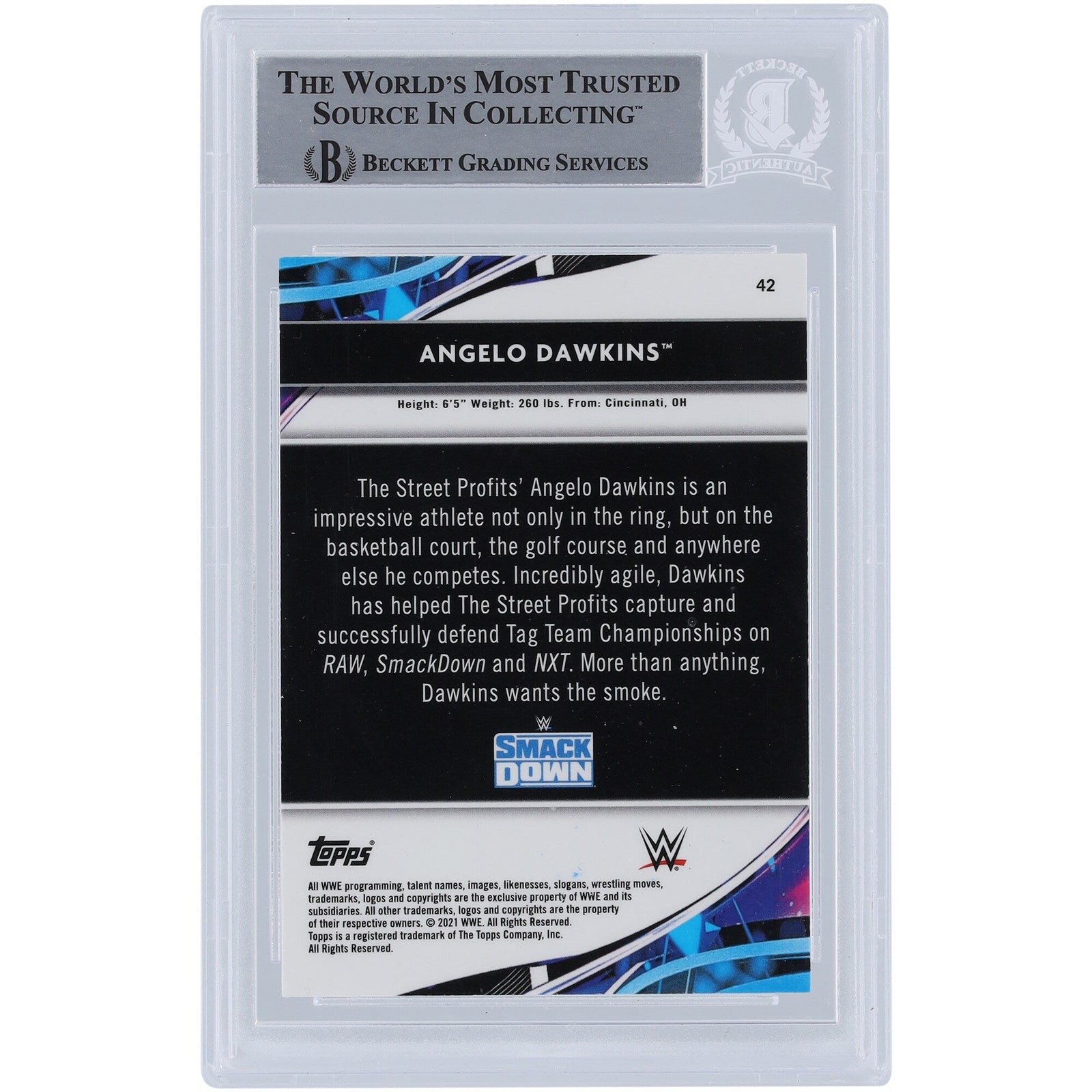 Angelo Dawkins WWE Autographed 2021 Topps Finest 42 Beckett Fanatics Witnessed Authenticated Card - The Ballers Bank