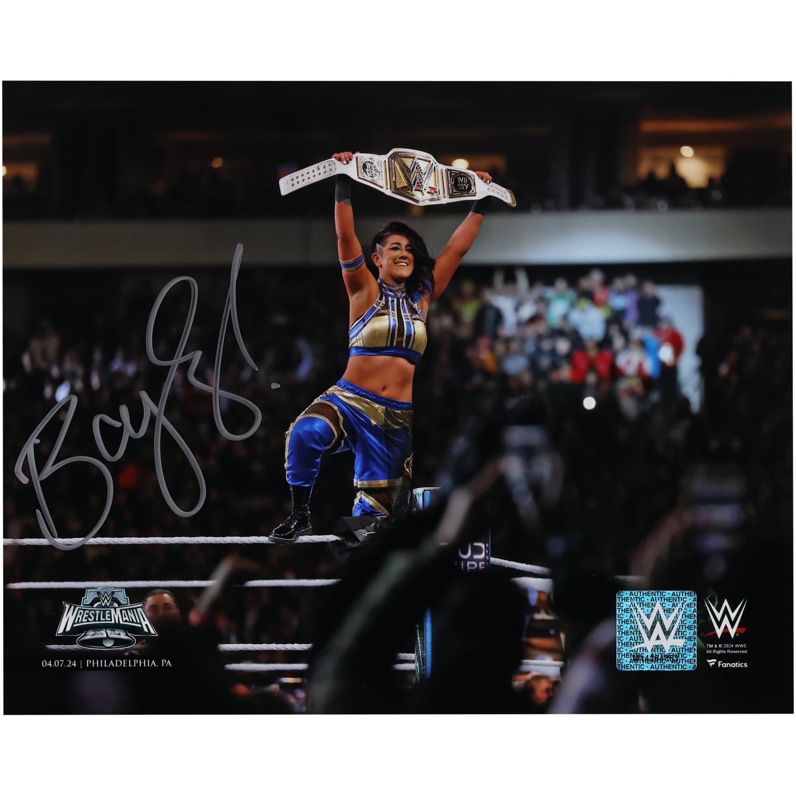 Bayley WWE Autographed Fanatics Authentic 8" x 10" WrestleMania 40 Raising Title Photograph - The Ballers Bank