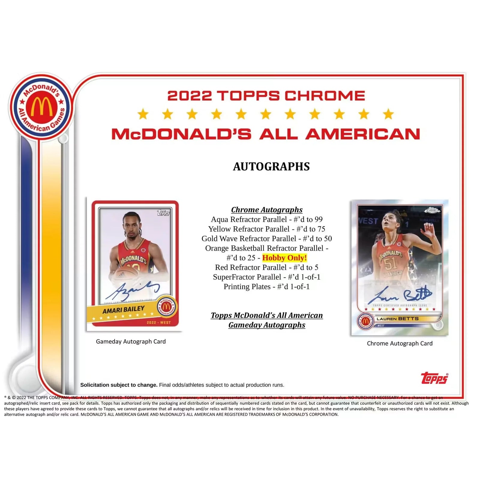 2022 Topps McDonald's All American Chrome Basketball | 12-Box Hobby Case (Ships Sealed Only)