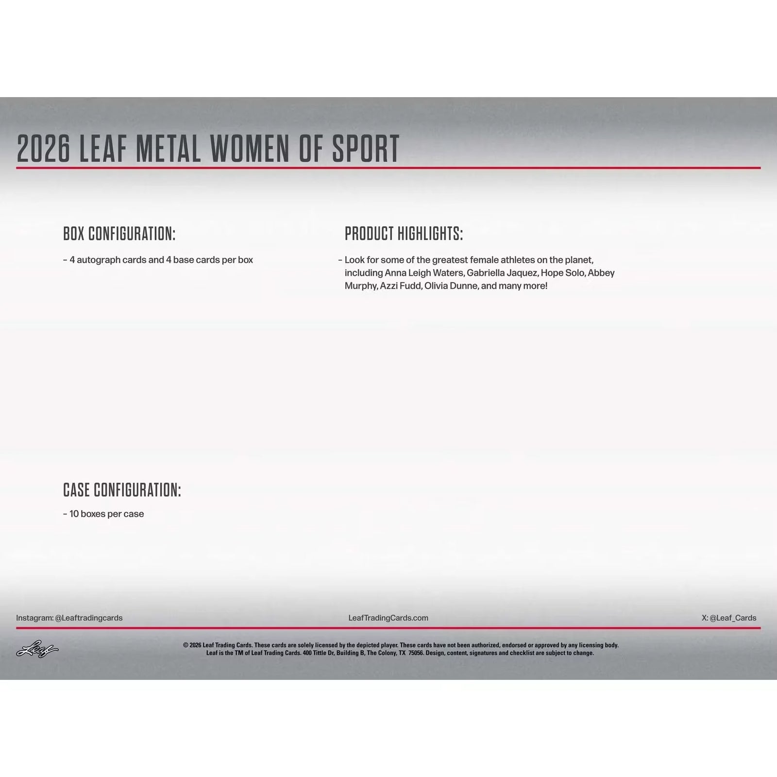 2026 Leaf Metal Women of Sport Hobby 10-Box Case | Presell (Ships Sealed Only)