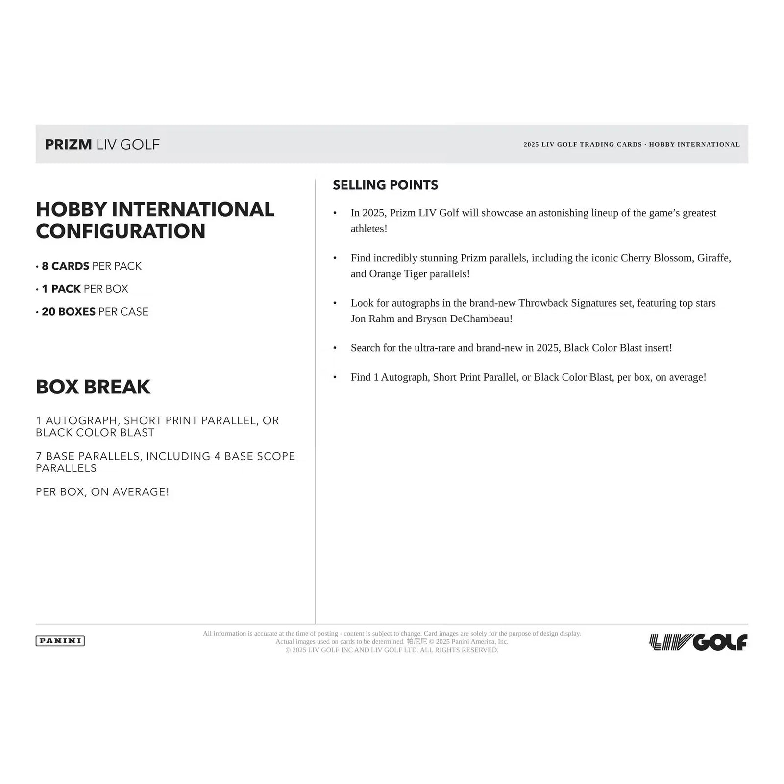 2025 Panini Prizm LIV Golf International Hobby 20-Box Case (Ships Sealed Only) - D
