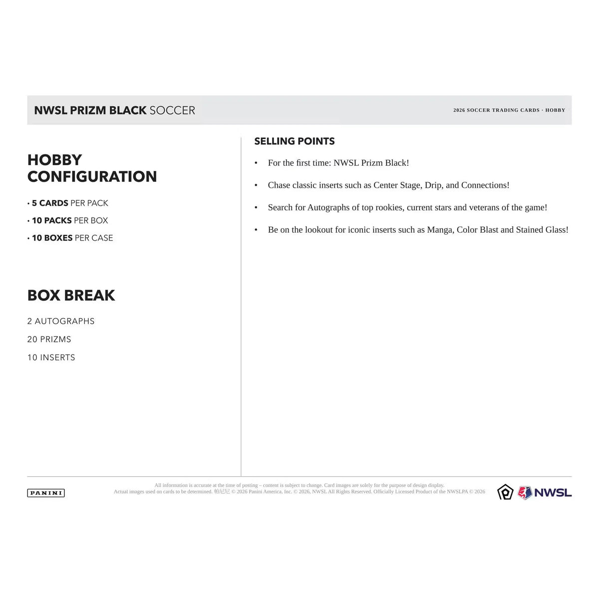 2026 Panini Prizm Black NWSL Soccer Hobby 10-Box Case | Presell | P5945571
