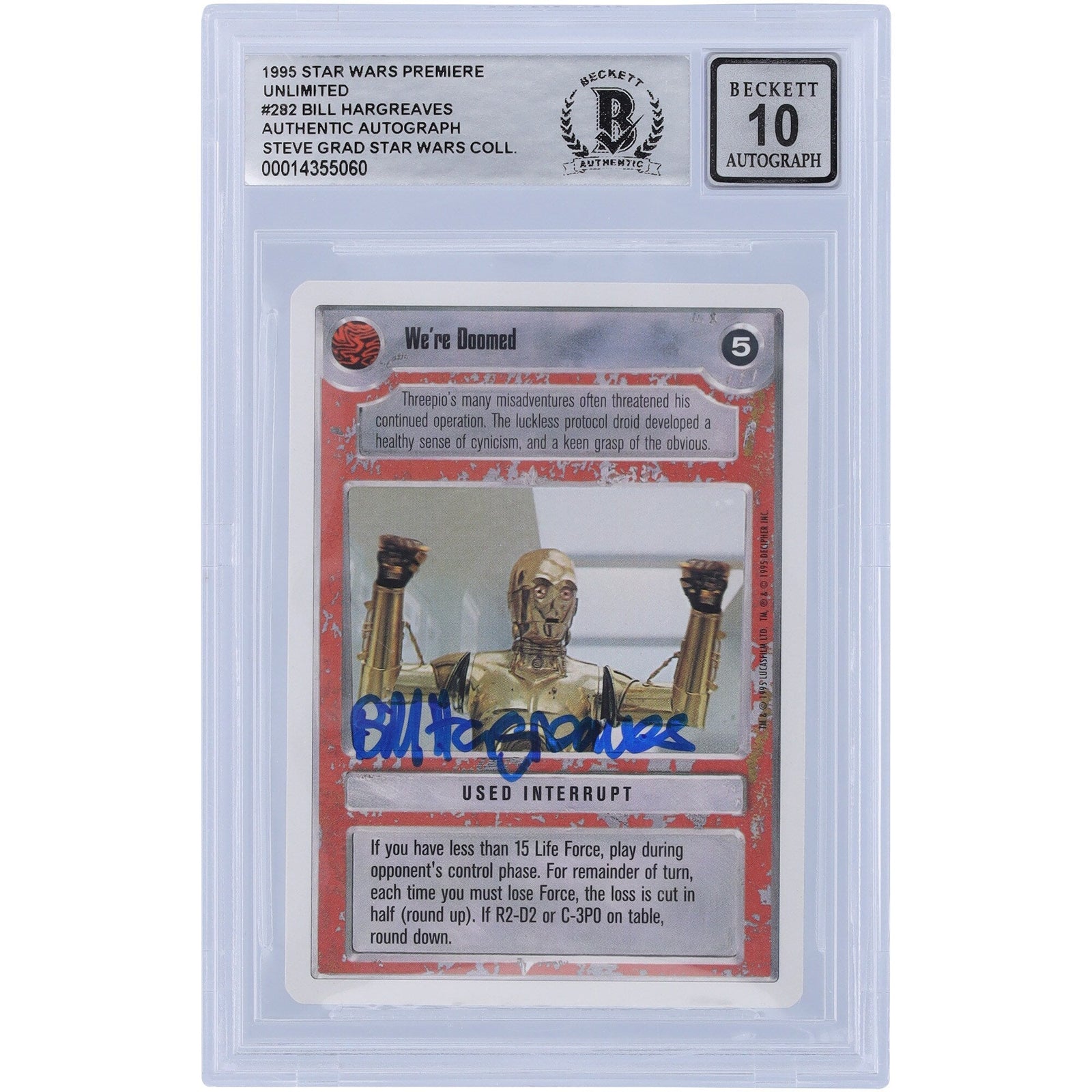 Bill Hargreaves Star Wars Autographed 1995 CCG Premiere 282 BGS Authenticated 10 Card - The Ballers Bank