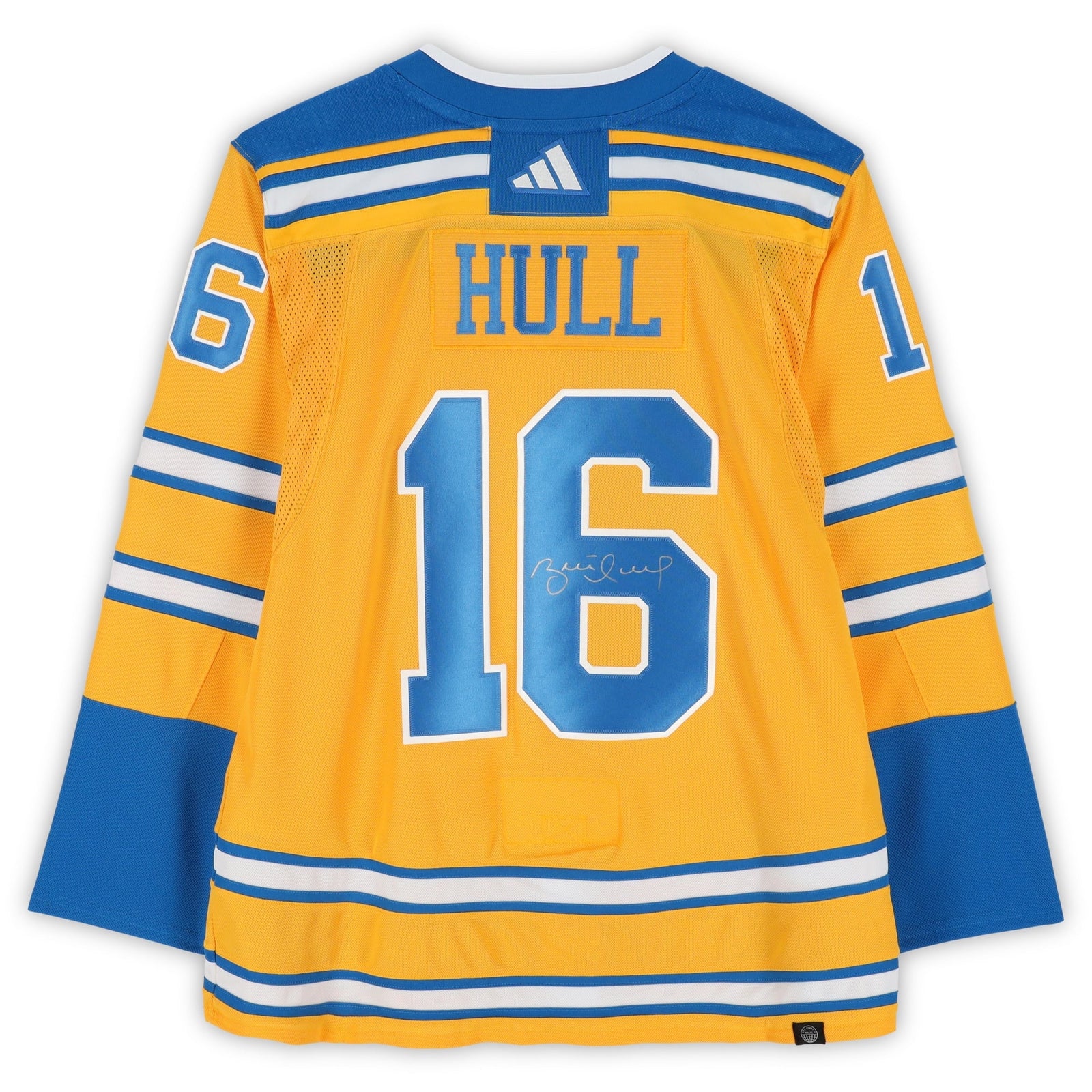 Brett Hull St. Louis Blues Autographed Fanatics Authentic 2022 - 23 Gold Reverse Retro adidas Jersey - The Ballers Bank